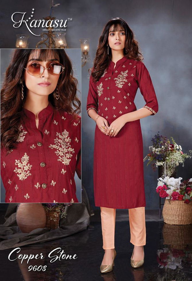 Kanasu Copper Stone Heavy Rayon Fancy Wear Kurti With Bottom Collection